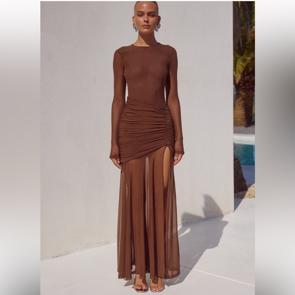 Runaway The Label Dresses & Skirts - Sheer Ruched Maxi Dress in Chocolate Brown
